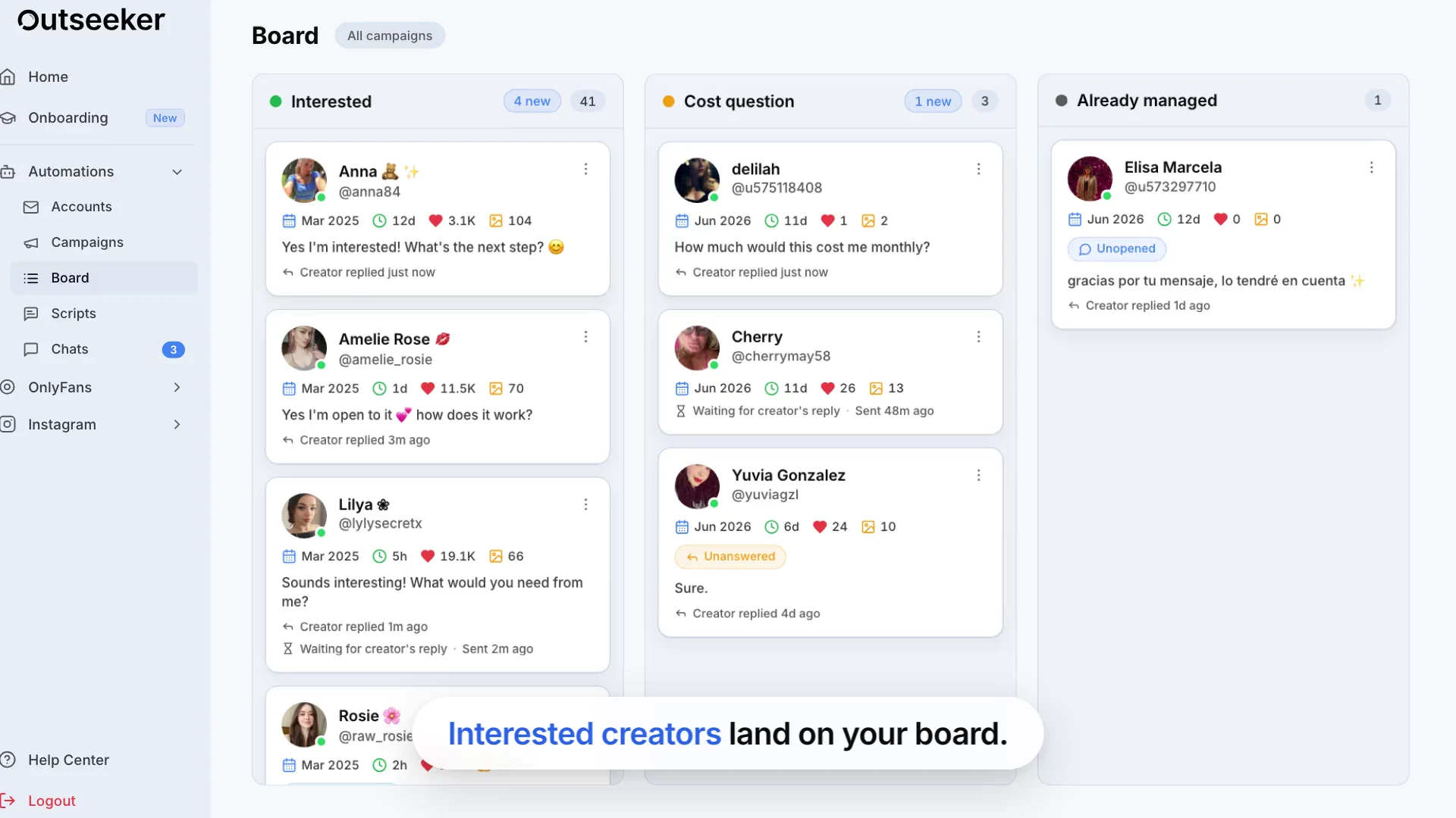 Outseeker dashboard showing creator outreach campaigns, replies, and interested creators
