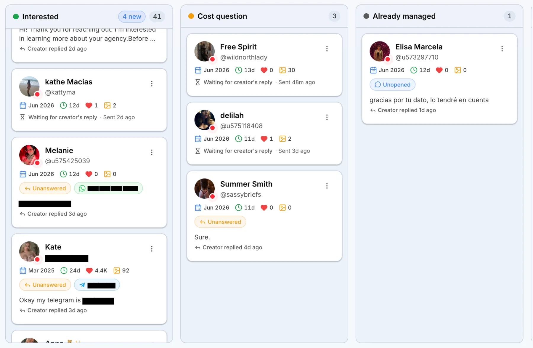 The Outseeker board with columns for Interested, Cost question and Already managed, each showing creator cards with their WhatsApp or Telegram contact.