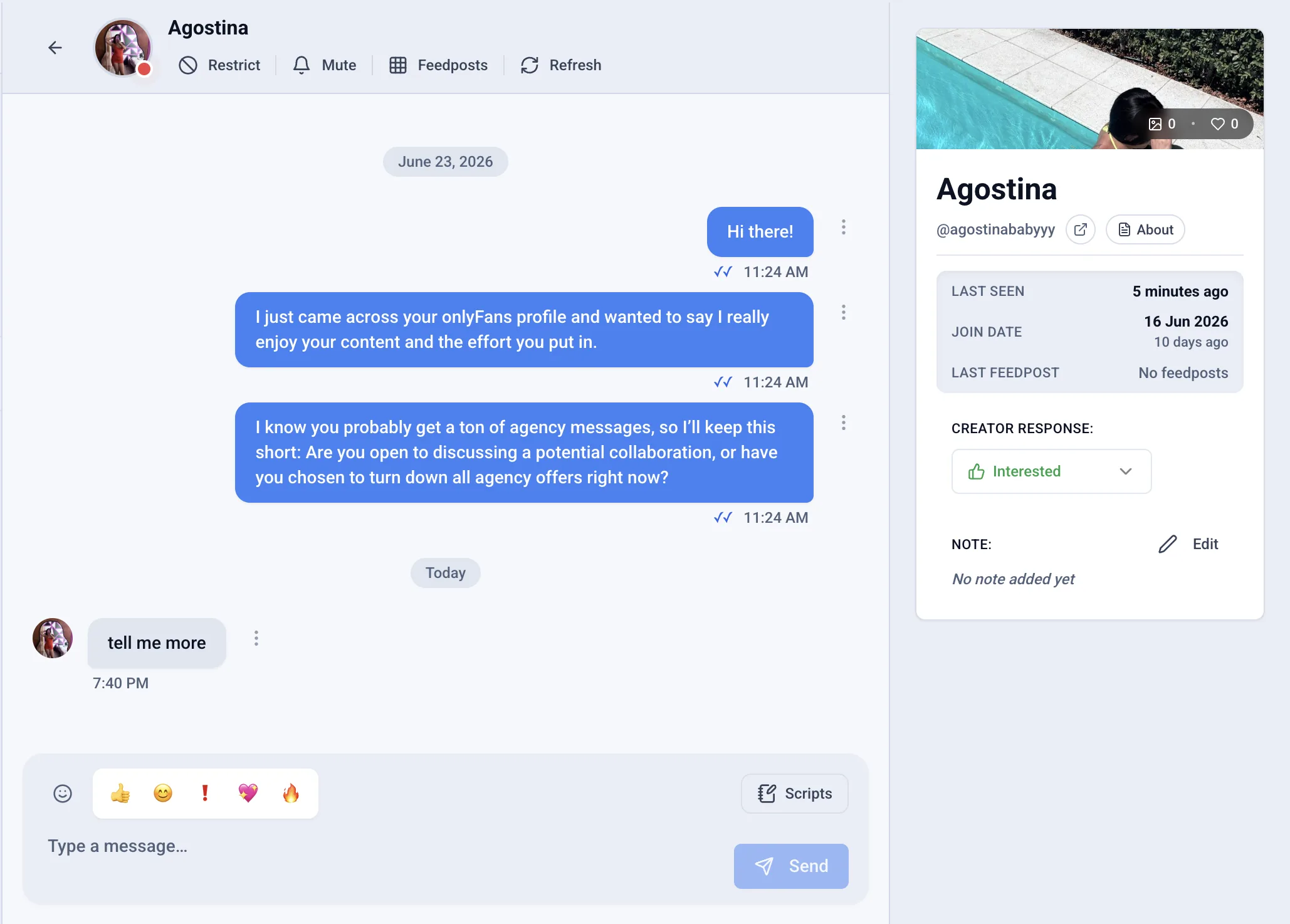 Outseeker inbox: an outreach conversation with the creator Agostina, who replied and is marked Interested.