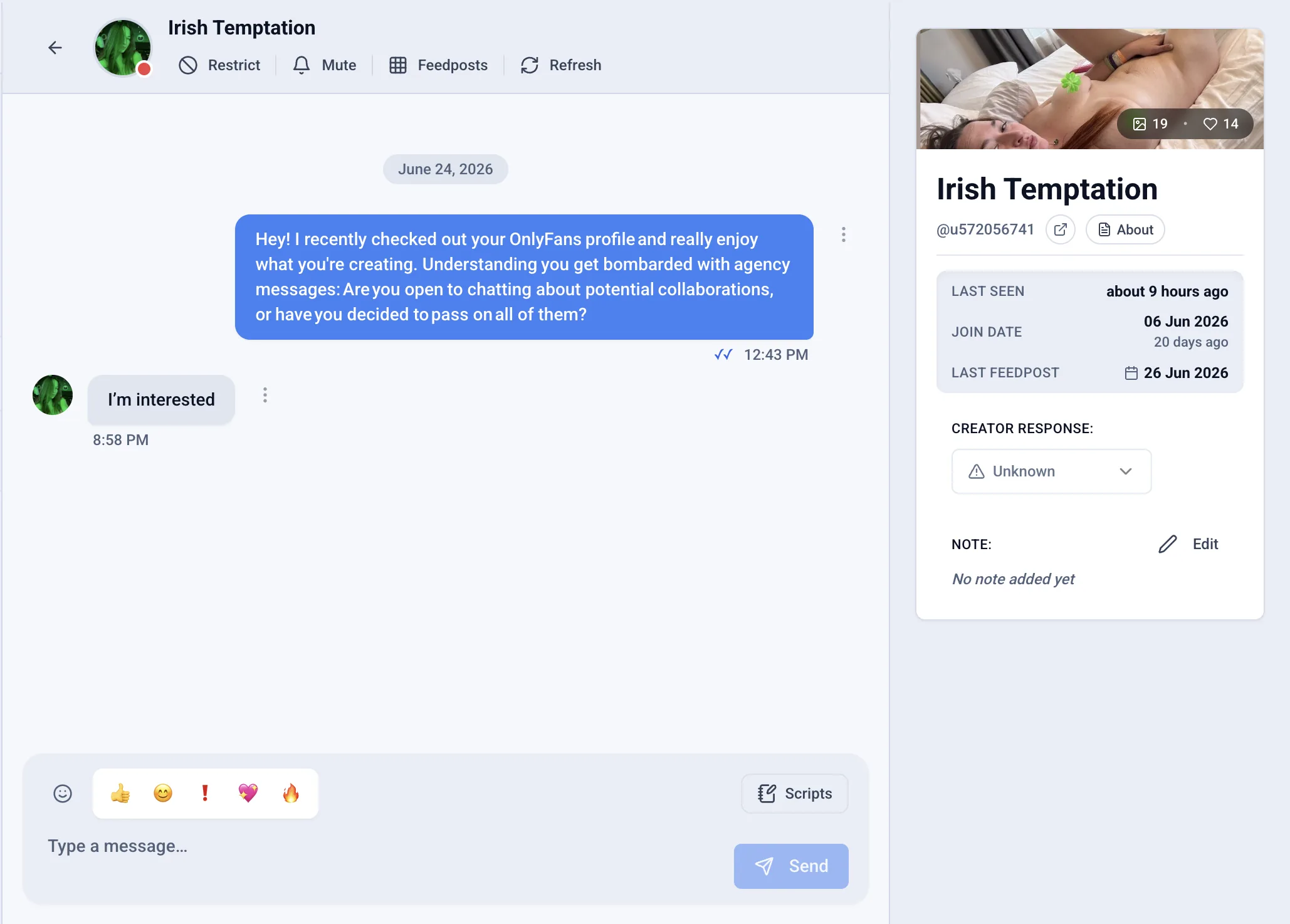 Outseeker inbox: an outreach conversation with the creator Irish Temptation, who replied and is marked Interested.