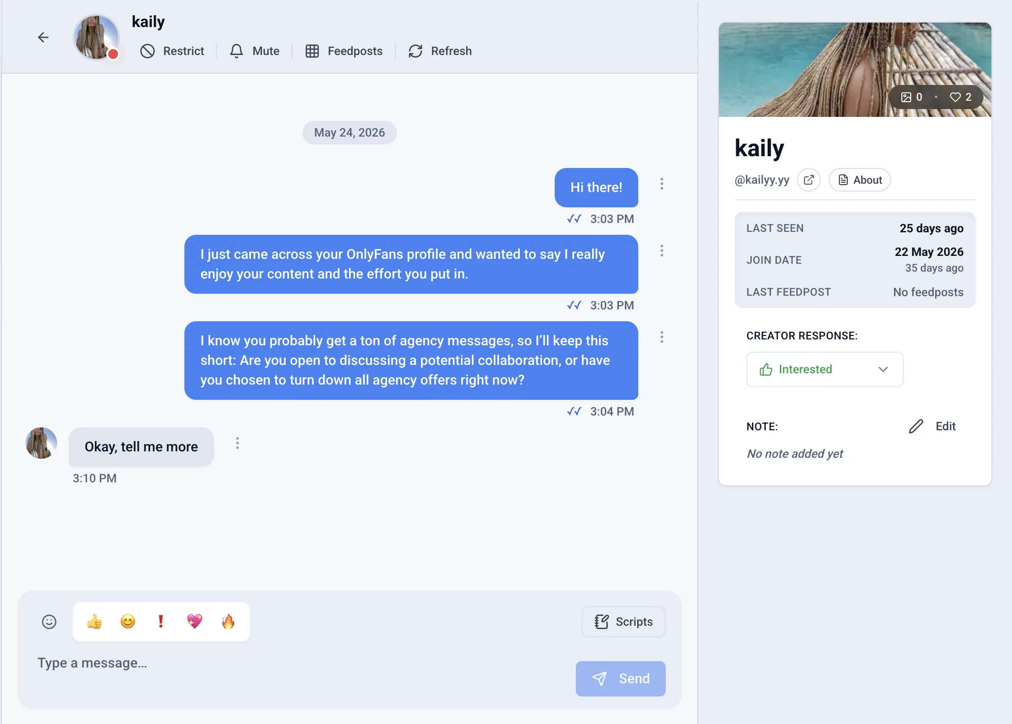 Outseeker inbox: an outreach conversation with the creator Kaily, who replied and is marked Interested.