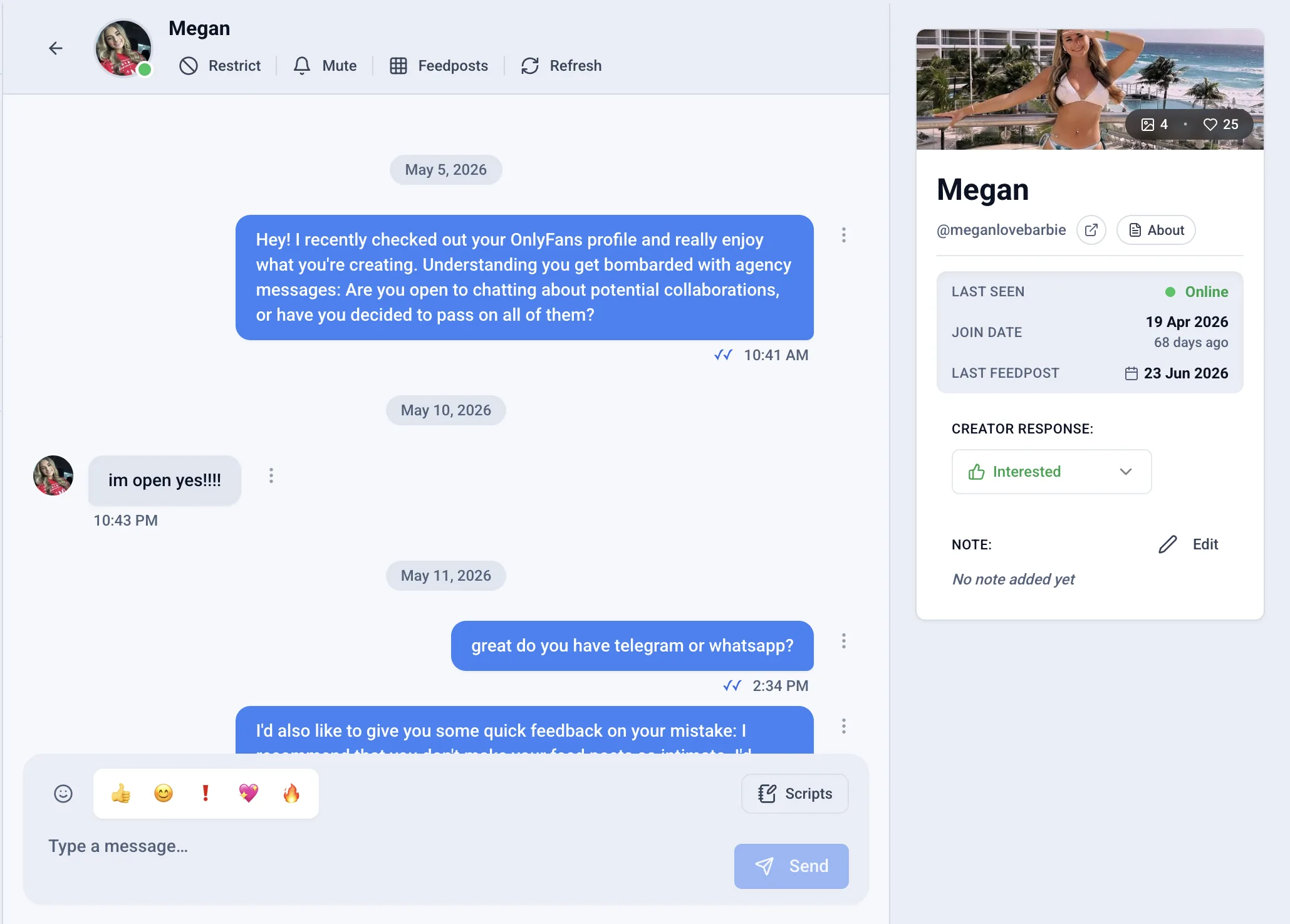 Outseeker inbox: the creator Megan replies that she is open, marked Interested and asked for Telegram or WhatsApp.
