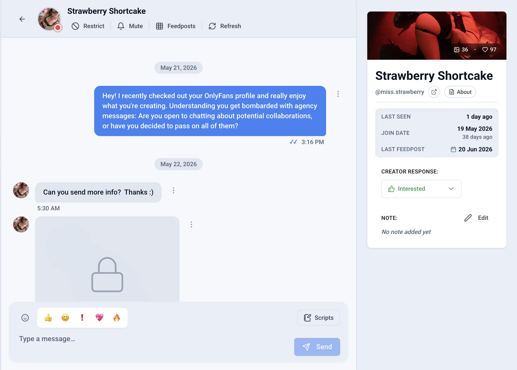 Outseeker inbox: an outreach conversation with the creator Miss Strawberry, who replied and is marked Interested.