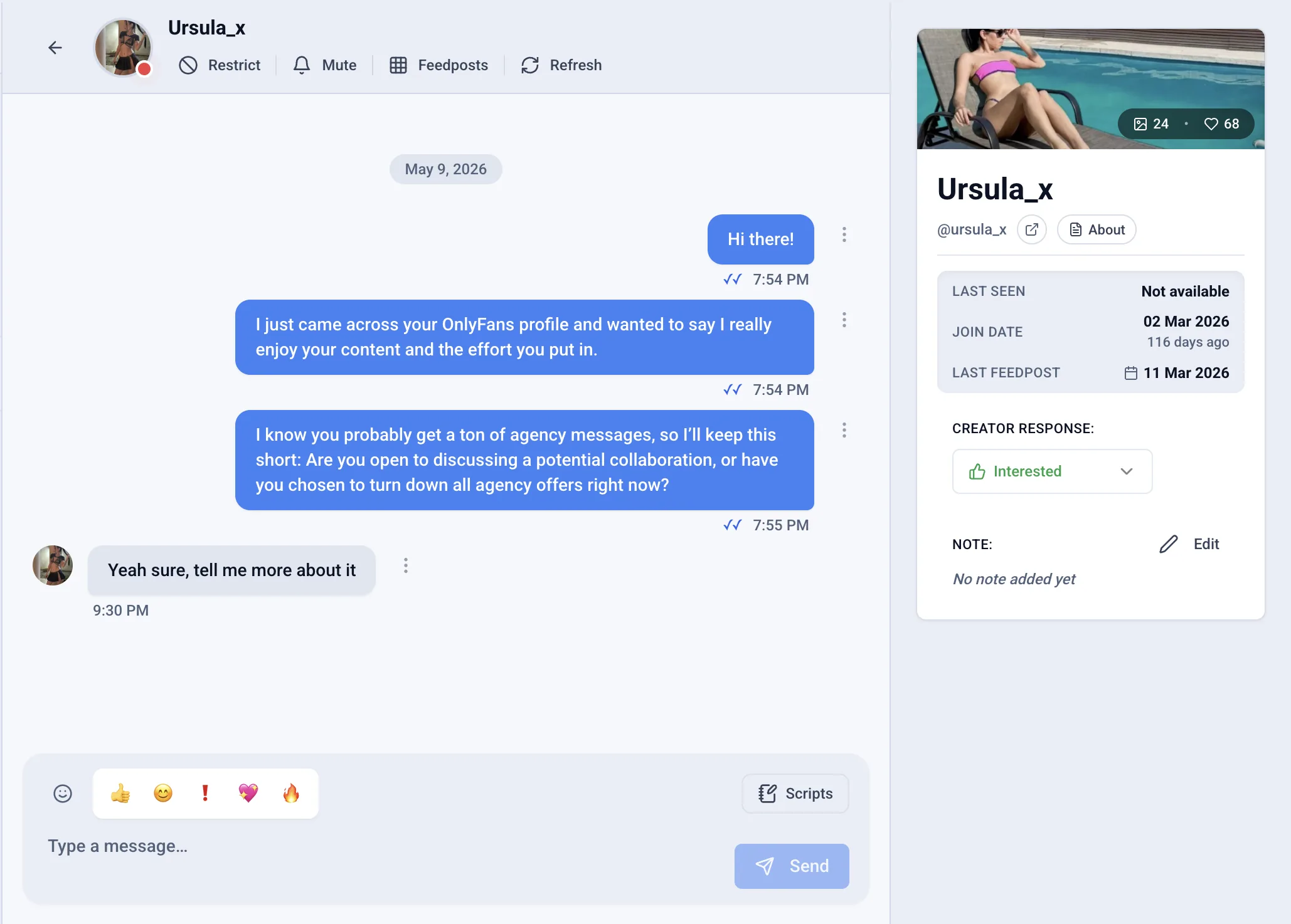 Outseeker inbox: an outreach conversation with the creator Ursula, who replied and is marked Interested.