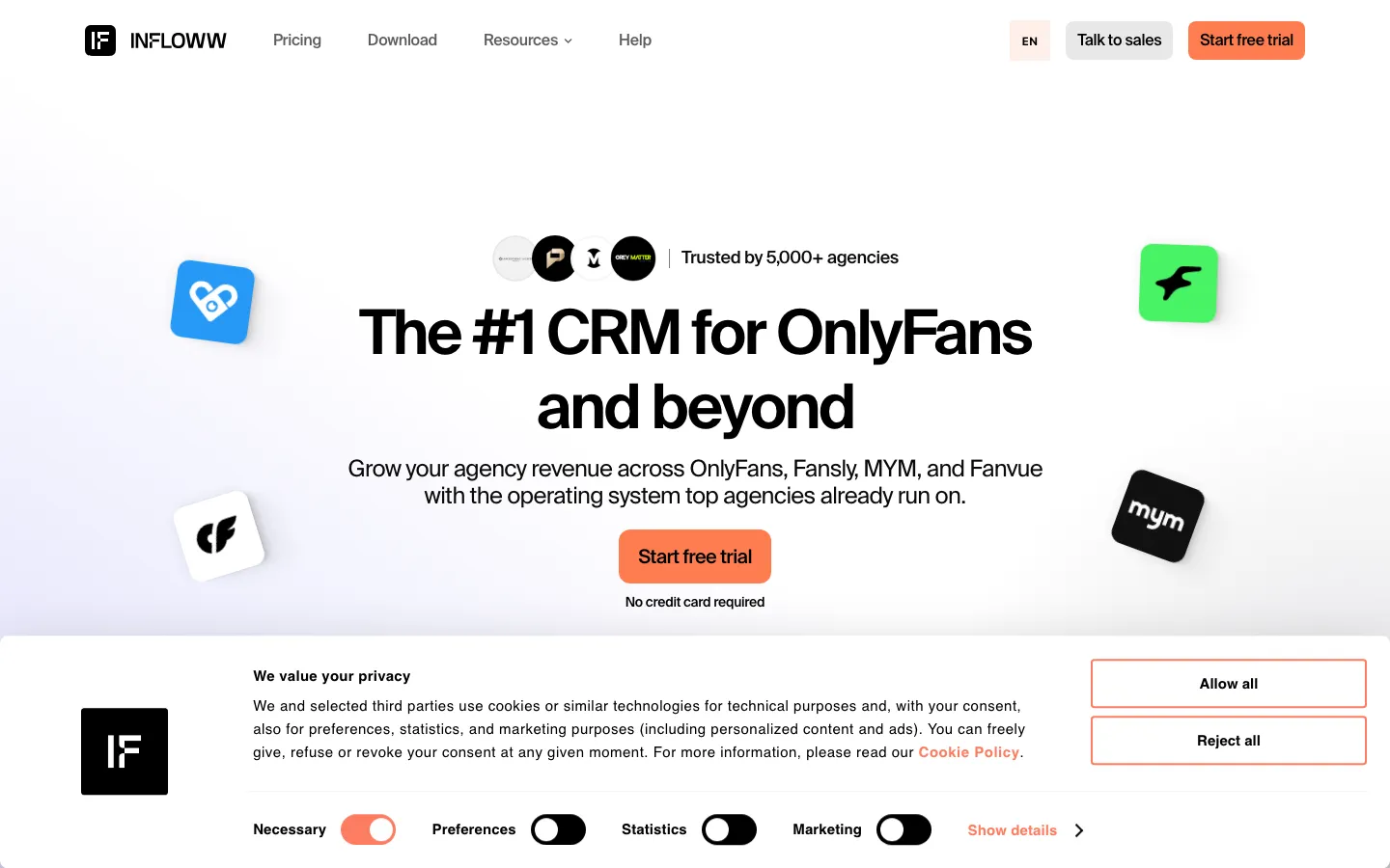 Screenshot of the Infloww homepage